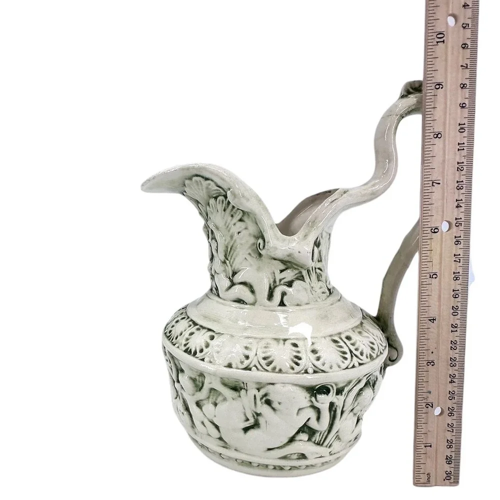 Vintage Ceramic Vase Pitcher Ewer Greek Poseidon Mermaid Cherub Green 3D Relief